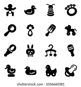 Solid vector icon set - baby vector, duck toy, pyramid, beanbag, wheel horse, rabbit, carousel, soother