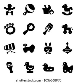 Solid vector icon set - baby vector, beanbag, shovel bucket, rocking horse, wheel, xylophone, car, toy rabbit, wirligig, duck