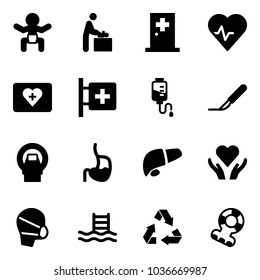 Solid vector icon set - baby vector, room, first aid, heart pulse, kit, drop counter, scalpel, mri, stomach, liver, care, medical mask, pool, recycling, teethers
