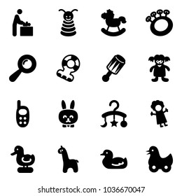 Solid vector icon set - baby room vector, pyramid toy, rocking horse, beanbag, teethers, doll, phone, rabbit, carousel, duck, giraffe