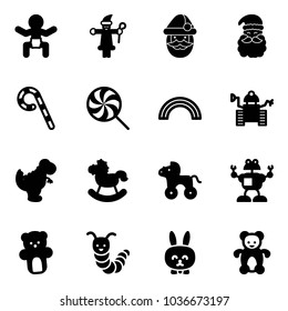 Solid vector icon set - baby vector, santa claus, lollipop, rainbow, robot, dinosaur toy, rocking horse, wheel, bear, caterpillar, rabbit