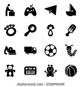 Solid vector icon set - baby room vector, joystick, paper plane, sailboat toy, beanbag, excavator, truck, soccer ball, caterpillar, bear, piano, robot, basketball