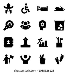 Solid vector icon set - baby vector, disabled, hotel, snowmobile, head hunter, group, brain work, garbage, contact book, winner, career, win, success, victory, feet