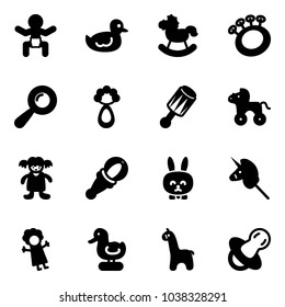 Solid vector icon set - baby vector, duck toy, rocking horse, beanbag, wheel, doll, rabbit, unicorn stick, giraffe, soother