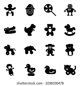 Solid vector icon set - baby vector, santa claus, lollipop, robot, crocodile, dinosaur toy, bear, rocking horse, wheel, elephant, doll, duck, cat