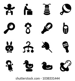 Solid vector icon set - baby vector, room, pyramid toy, beanbag, phone, rabbit, carousel, unicorn stick, doll, duck, soother