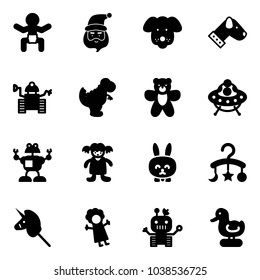 Solid vector icon set - baby vector, santa claus, dog, robot, dinosaur toy, bear, ufo, doll, rabbit, carousel, unicorn stick, duck
