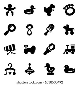 Solid vector icon set - baby vector, duck toy, dinosaur, beanbag, wheel horse, xylophone, car, train, carousel, wirligig