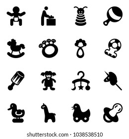 Solid vector icon set - baby vector, room, pyramid toy, beanbag, rocking horse, teethers, doll, carousel, unicorn stick, duck, giraffe, soother
