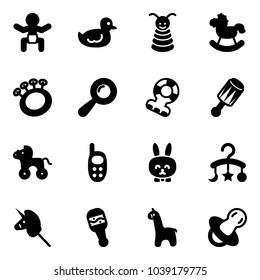 Solid vector icon set - baby vector, duck toy, pyramid, rocking horse, beanbag, teethers, wheel, phone, rabbit, carousel, unicorn stick, giraffe, soother