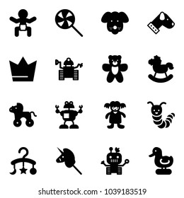 Solid vector icon set - baby vector, lollipop, dog, crown, robot, bear toy, rocking horse, wheel, doll, caterpillar, carousel, unicorn stick, duck