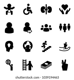 Solid vector icon set - baby vector, disabled, kidneys, heart care, user, login, group, head bulb, man globe, career, hand sproute, world, opportunity, dollar, victory