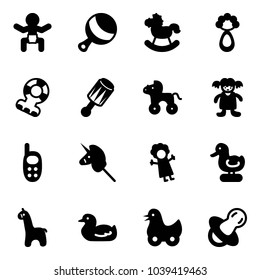 Solid vector icon set - baby vector, beanbag, rocking horse, teethers, wheel, doll, phone toy, unicorn stick, duck, giraffe, soother
