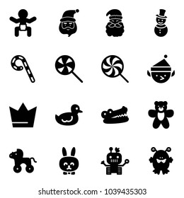 Solid vector icon set - baby vector, santa claus, snowman, lollipop, christmas elf, crown, duck toy, crocodile, bear, wheel horse, rabbit, robot, monster