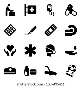 Solid vector icon set - baby room vector, first aid, drop counter, pills, blister, scalpel, medical patch, mri, heart care, ambulance star, mask, hand, doctor hat, uv cream, lawn mower, teethers