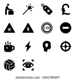 Solid vector icon set - baby room vector, Magic wand, medical label, pound, airport road sign, intersection, speed limit 120, only right, hot tea, lightning, head bulb, target, volleyball