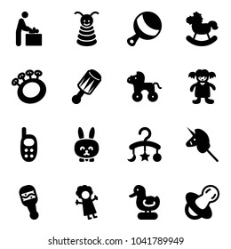 Solid vector icon set - baby room vector, pyramid toy, beanbag, rocking horse, wheel, doll, phone, rabbit, carousel, unicorn stick, duck, soother