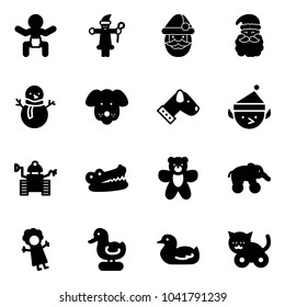 Solid vector icon set - baby vector, santa claus, snowman, dog, christmas elf, robot, crocodile, bear toy, elephant wheel, doll, duck, cat