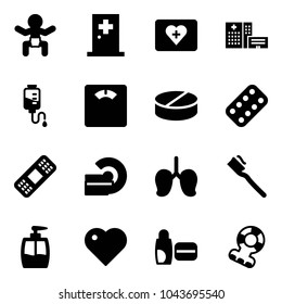 Solid vector icon set - baby vector, first aid room, kit, hospital building, drop counter, floor scales, pill, pills blister, medical patch, mri, lungs, tooth brush, liquid soap, heart, uv cream