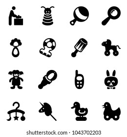 Solid vector icon set - baby room vector, pyramid toy, beanbag, teethers, wheel horse, doll, phone, rabbit, carousel, unicorn stick, duck