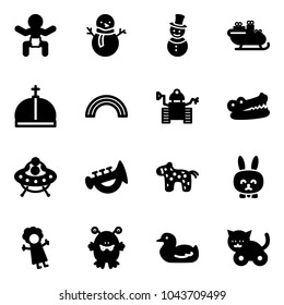 Solid vector icon set - baby vector, snowman, santa sleigh, crown, rainbow, robot, crocodile, ufo toy, horn, horse, rabbit, doll, monster, duck, cat
