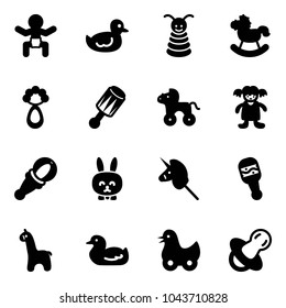 Solid vector icon set - baby vector, duck toy, pyramid, rocking horse, beanbag, wheel, doll, rabbit, unicorn stick, giraffe, soother