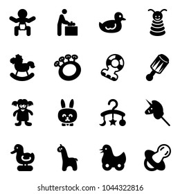 Solid vector icon set - baby vector, room, duck toy, pyramid, rocking horse, beanbag, teethers, doll, rabbit, carousel, unicorn stick, giraffe, soother