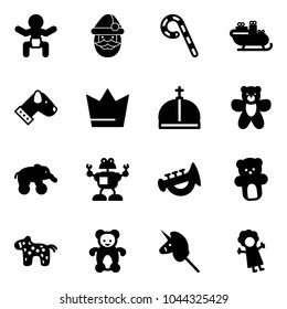 Solid vector icon set - baby vector, santa claus, lollipop, sleigh, dog, crown, bear toy, elephant wheel, robot, horn, horse, unicorn stick, doll