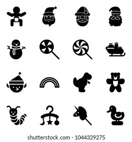 Solid vector icon set - baby vector, santa claus, snowman, lollipop, sleigh, christmas elf, rainbow, dinosaur toy, bear, caterpillar, carousel, unicorn stick, duck