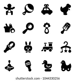 Solid vector icon set - baby vector, beanbag, car toy, dinosaur, shovel bucket, rabbit, train, carousel, wirligig, duck