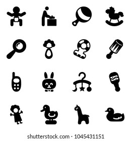 Solid vector icon set - baby vector, room, beanbag, rocking horse, teethers, phone toy, rabbit, carousel, doll, duck, giraffe