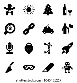 Solid vector icon set - baby vector, sun, christmas tree, wine, money search, link, electric car, win, microphone, strawberry, bezier, rocket, trowel, protective glasses, work knife, robot