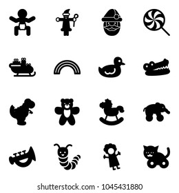 Solid vector icon set - baby vector, santa claus, lollipop, sleigh, rainbow, duck toy, crocodile, dinosaur, bear, rocking horse, elephant wheel, horn, caterpillar, doll, cat