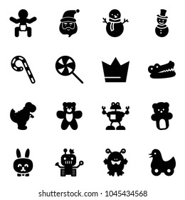 Solid vector icon set - baby vector, santa claus, snowman, lollipop, crown, crocodile, dinosaur toy, bear, robot, rabbit, monster, duck