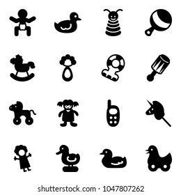 Solid vector icon set - baby vector, duck toy, pyramid, beanbag, rocking horse, teethers, wheel, doll, phone, unicorn stick