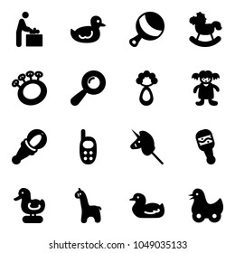 Solid vector icon set - baby room vector, duck toy, beanbag, rocking horse, doll, phone, unicorn stick, giraffe