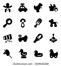 Solid vector icon set - baby vector, car toy, dinosaur, shovel bucket, beanbag, wheel horse, xylophone, wirligig, unicorn stick, duck