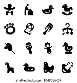 Solid vector icon set - baby vector, room, duck toy, rocking horse, beanbag, teethers, carousel, unicorn stick, doll, giraffe, soother