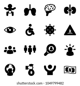 Solid vector icon set - baby vector, lungs, brain, kidneys, eye, disabled, virus, pedestrian road sign, group, head hunter, idea, man globe, rich, success, money