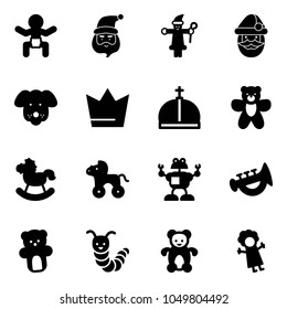 Solid vector icon set - baby vector, santa claus, dog, crown, bear toy, rocking horse, wheel, robot, horn, caterpillar, doll