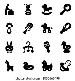 Solid vector icon set - baby room vector, pyramid toy, rocking horse, beanbag, wheel, rabbit, carousel, duck, giraffe, soother