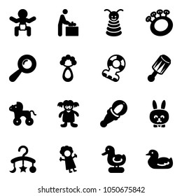 Solid vector icon set - baby vector, room, pyramid toy, beanbag, teethers, wheel horse, doll, rabbit, carousel, duck