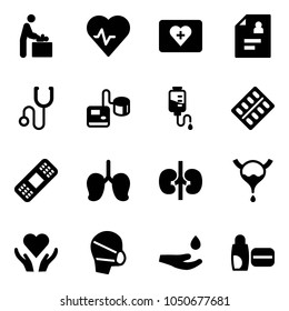 Solid vector icon set - baby room vector, heart pulse, first aid kit, patient card, stethoscope, tonometer, drop counter, pills blister, medical patch, lungs, kidneys, bladder, care, mask, hand
