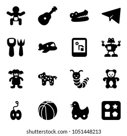 Solid vector icon set - baby vector, guitar, crocodile, paper plane, shovel fork toy, game console, robot, doll, horse, caterpillar, bear, yoyo, basketball, duck, cube hole