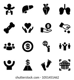 Solid vector icon set - baby vector, liver, heart, lungs, broken bone, care, investment, group, dollar, world, team leader, success, feet, fingerprint scanner
