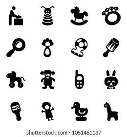 Solid vector icon set - baby room vector, pyramid toy, rocking horse, beanbag, teethers, wheel, doll, phone, rabbit, duck, giraffe