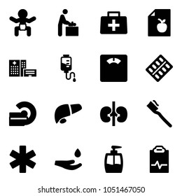 Solid vector icon set - baby vector, room, doctor bag, diet list, hospital building, drop counter, floor scales, pills blister, mri, liver, kidneys, tooth brush, ambulance star, hand, liquid soap