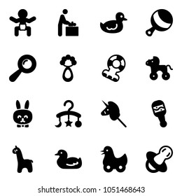 Solid vector icon set - baby vector, room, duck toy, beanbag, teethers, wheel horse, rabbit, carousel, unicorn stick, giraffe, soother