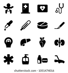 Solid vector icon set - baby vector, first aid room, kit, stethoscope, pipette, thermometer, pill, scalpel, mri, liver, heart, kidneys, ambulance star, liquid soap, uv cream, lawn mower