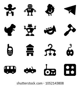 Solid vector icon set - baby vector, robot, chicken toy, paper plane, dinosaur, horn, hammer, phone, block house, carousel, yoyo, bus, car, radio, cube hole